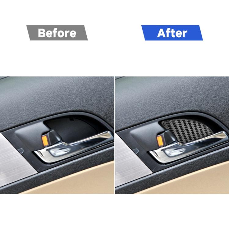 Before-and-after view of installed carbon-fiber door bowl patch on car door interior