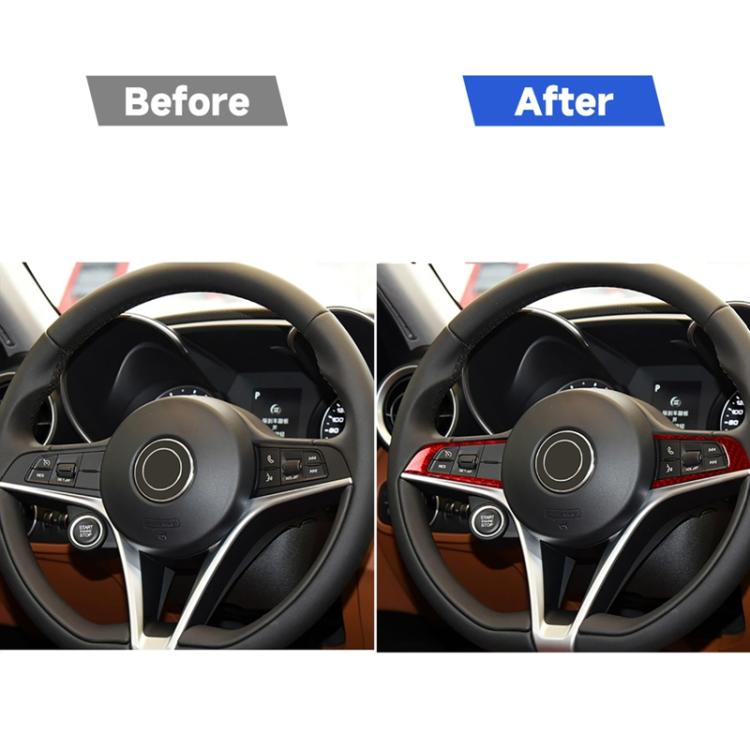 Red steering wheel button panel trim, shown in after comparison