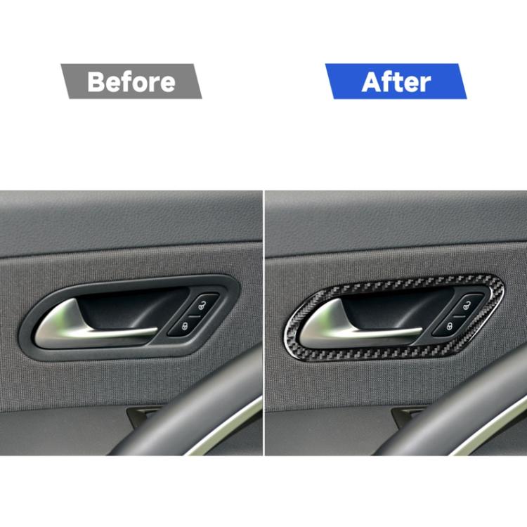 Carbon fiber inner door handle trim sticker shown installed on door panel