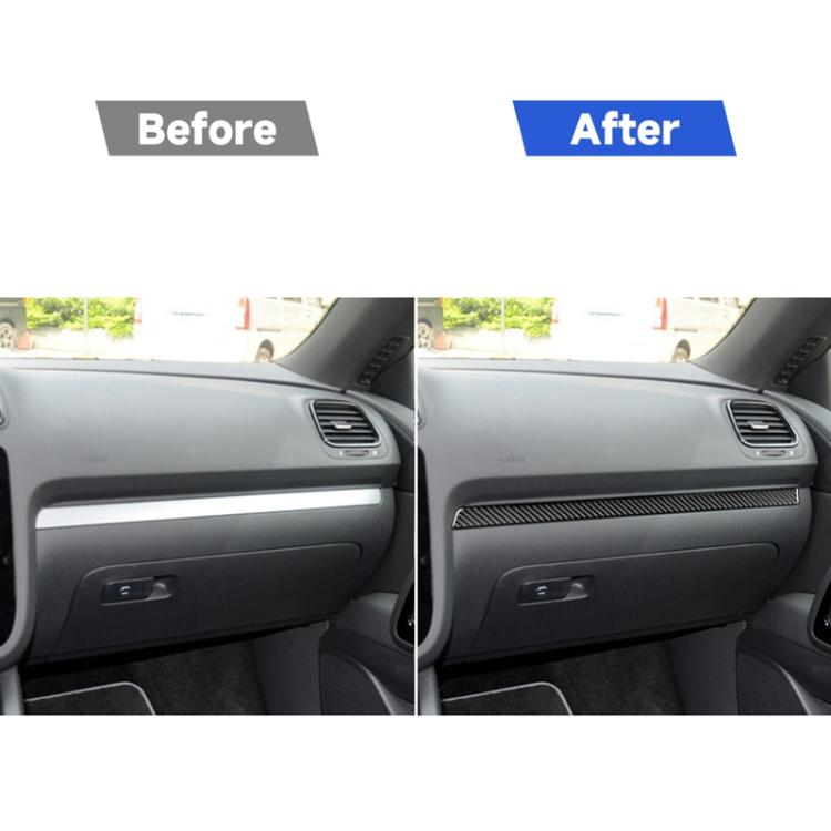 Before and after view of carbon fiber dash trim strip, black woven design installed