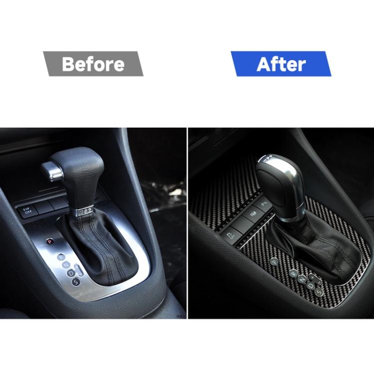Split view of gear shift trim sticker in black carbon fiber pattern on center console