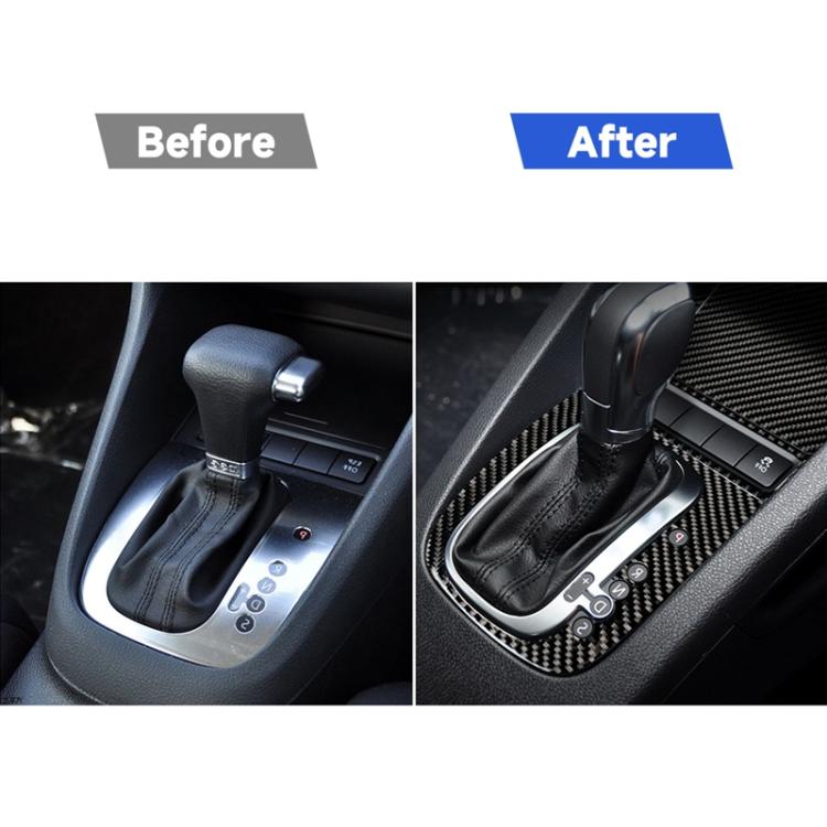 Carbon fiber gear surround sticker shown on shift area, before and after