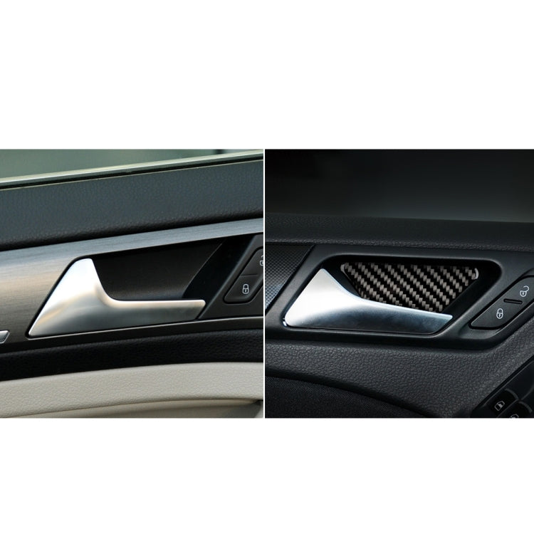 Door handle recess trim with carbon fiber-pattern sticker (before/after shown)