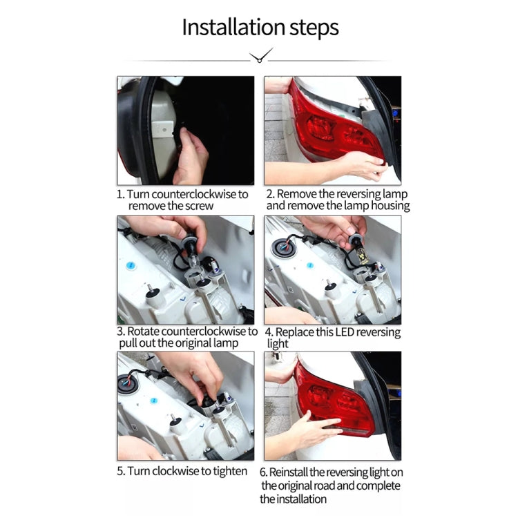 Installation steps for a T15 LED reversing light, showing removal and replacement