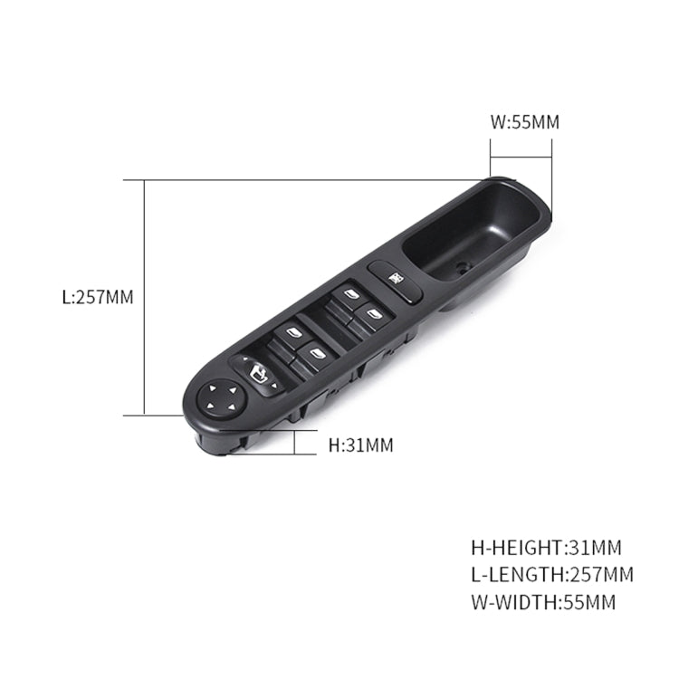 Power window master control switch with window rocker buttons; size dimensions shown