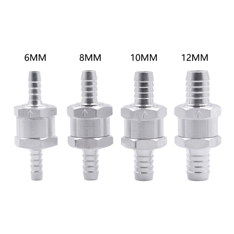 Silver one-way check valves set showing 6mm, 8mm, 10mm, and 12mm sizes
