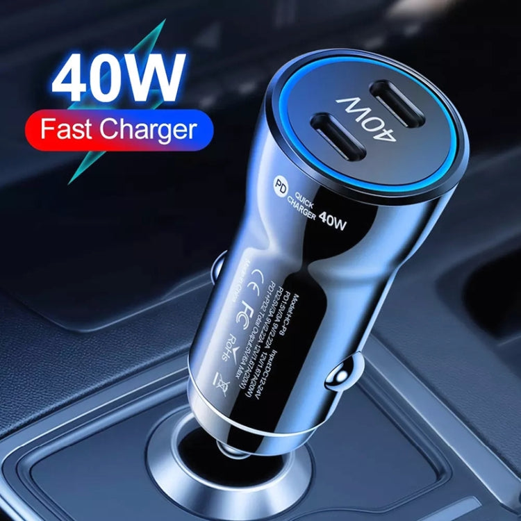 Blue-toned 40W PD car charger with dual USB-C ports and cigarette-lighter plug