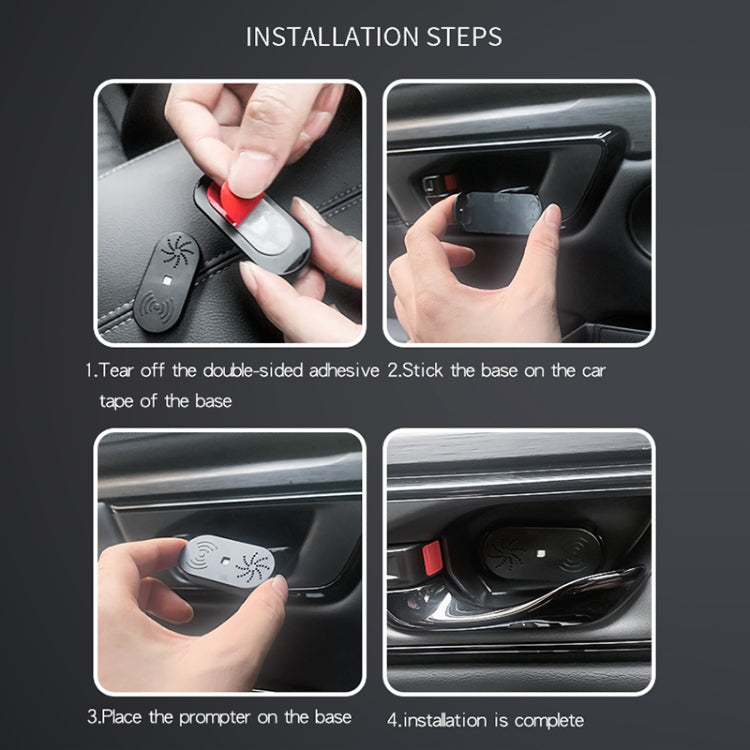 Black door opener alarm prompt with installation steps shown in four panels
