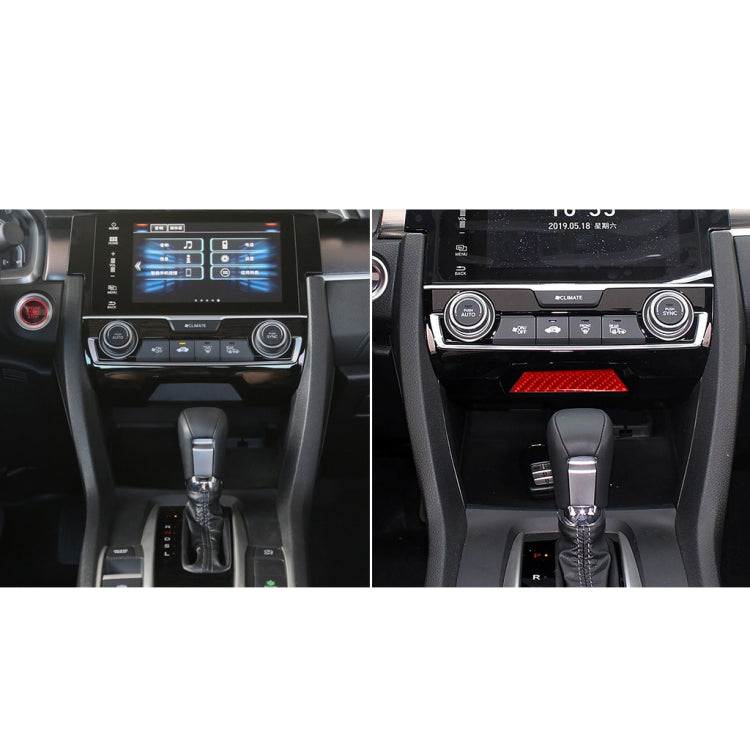 Center console before-and-after showing red carbon-fiber style storage trim