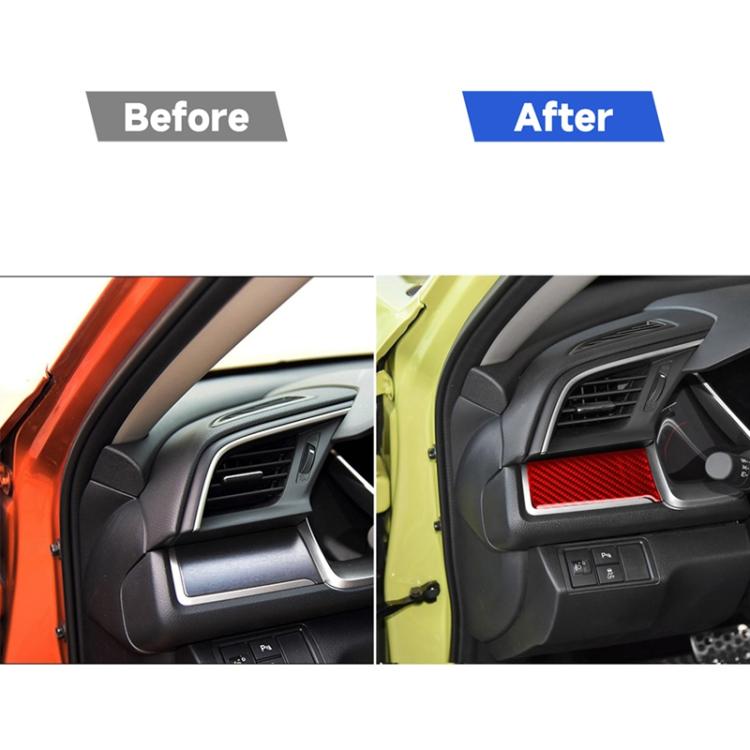 Before/after: red carbon-fiber sticker on left central console trim panel
