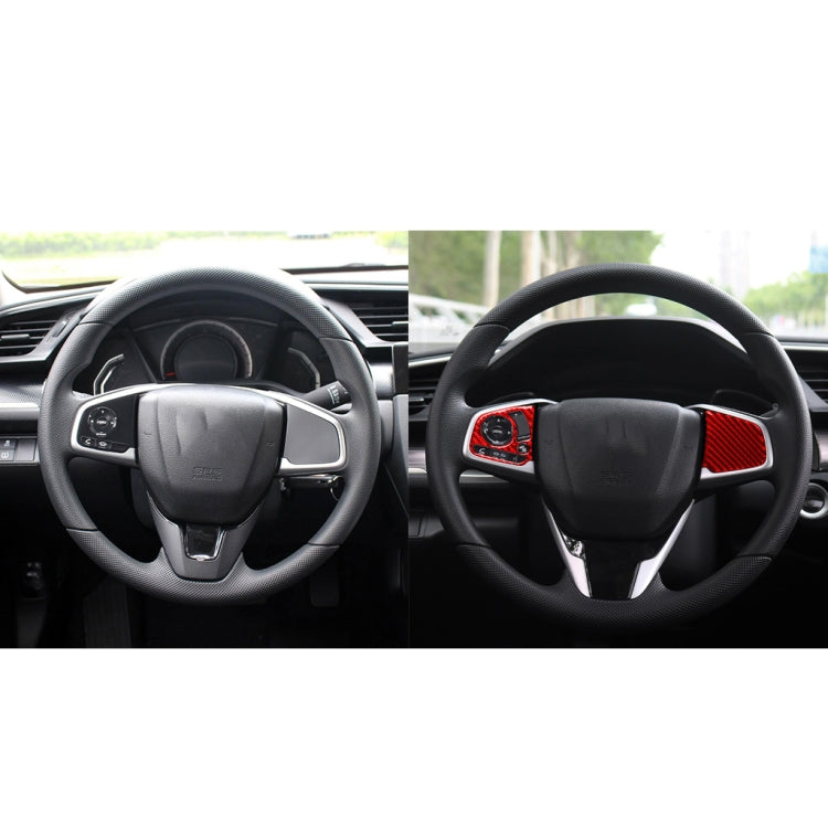 Steering wheel with installed red carbon-fiber button trim accents, compared to plain center