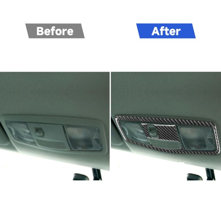 Car roof reading light bezel trim with carbon fiber look, shown side-by-side