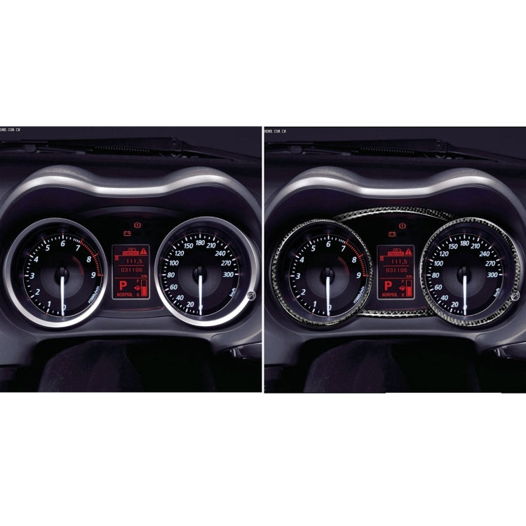 Before-and-after dashboard view showing carbon fiber ring stickers on gauges