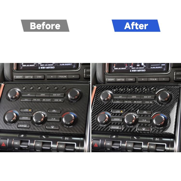 Dashboard instrument control panel with carbon fiber sticker, before and after views