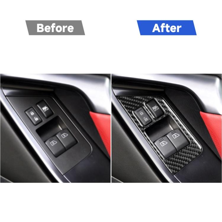 Window button trim overlay, before-and-after view with carbon fiber accents