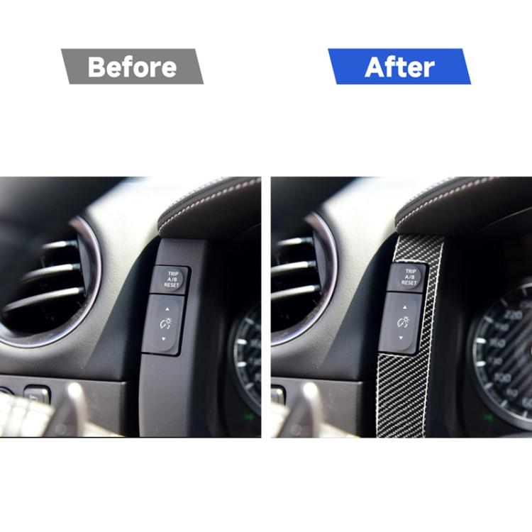 Dashboard control area with carbon fiber trim strip replacing plain trim