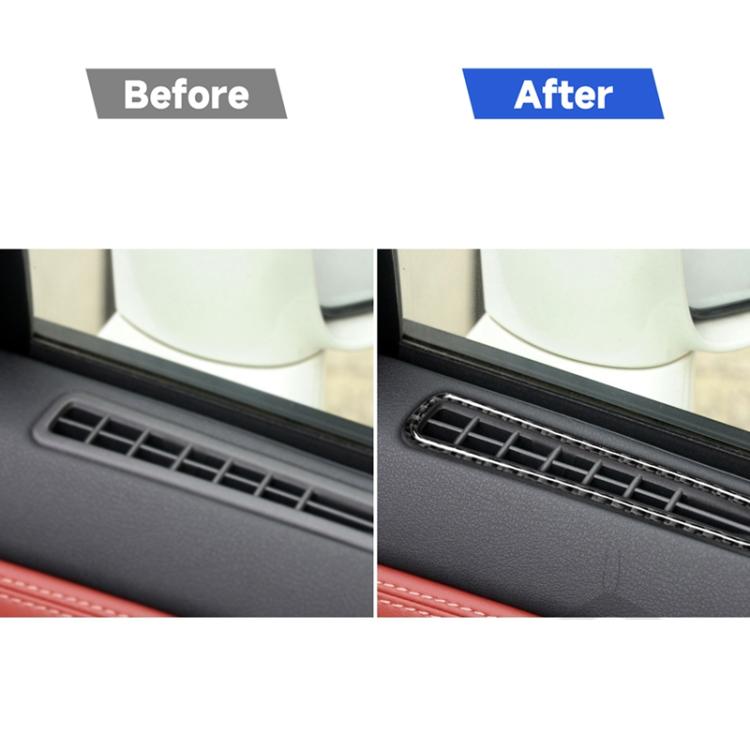 Carbon-fiber style air vent trim sticker shown before and after on dashboard grille