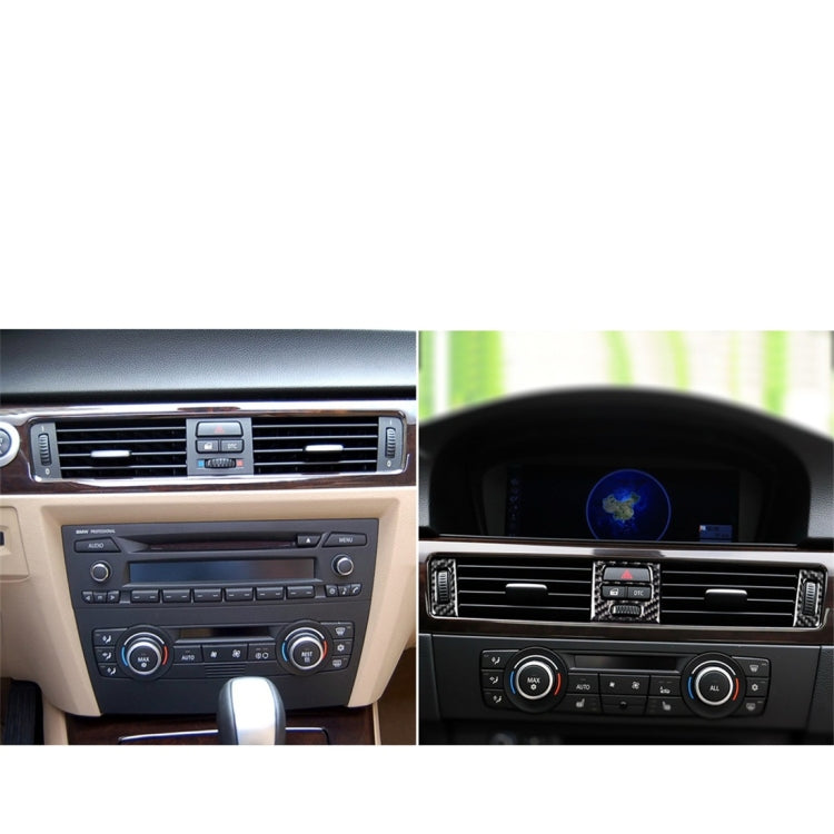 Before-and-after view of car dashboard air vents with carbon-fiber trim installed