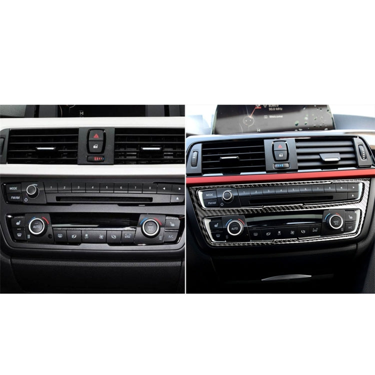 Before-and-after of carbon fiber-look CD panel trim sticker on BMW dashboard