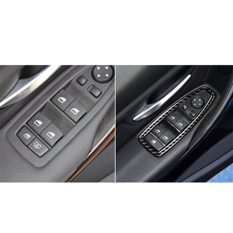 Before-and-after view of carbon fiber effect trim sticker on car window switch panel