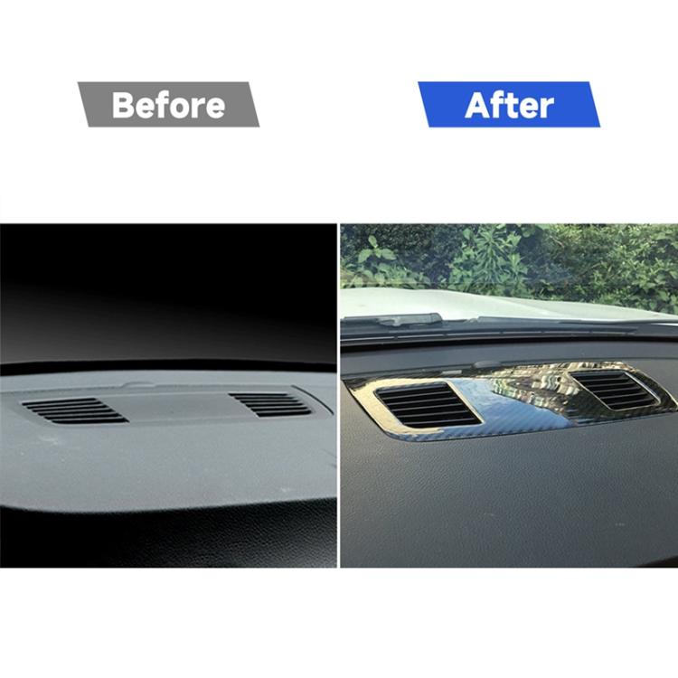 Carbon fiber-look dashboard vent trim sticker panel shown installed with two slat openings