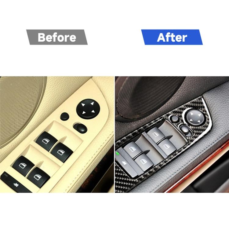 Before-and-after view of car door control panel with carbon-fiber sticker