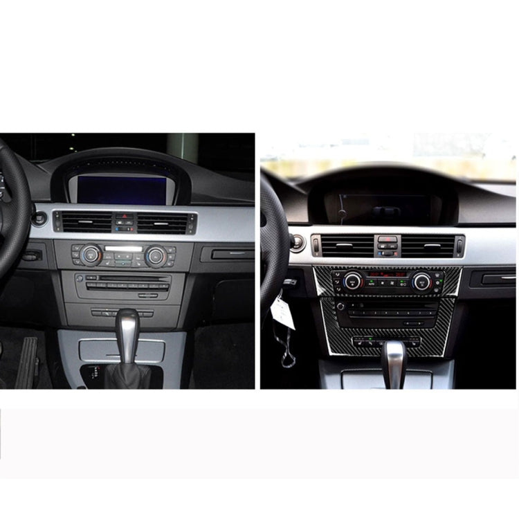 Carbon-fiber BMW CD panel trim overlay installed on center console, compared to untrimmed dash