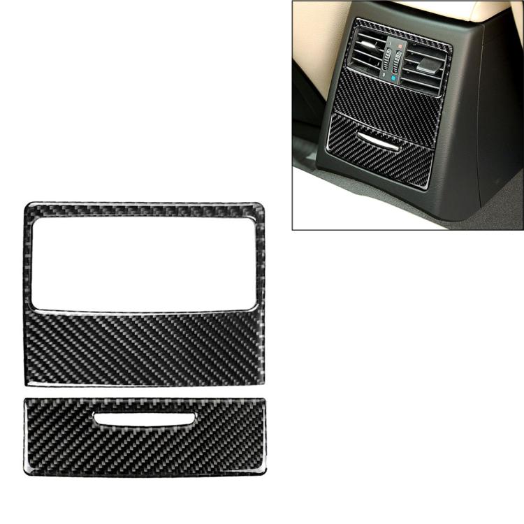 Carbon fiber rear air vent trim sticker for BMW, shown with front and installed views