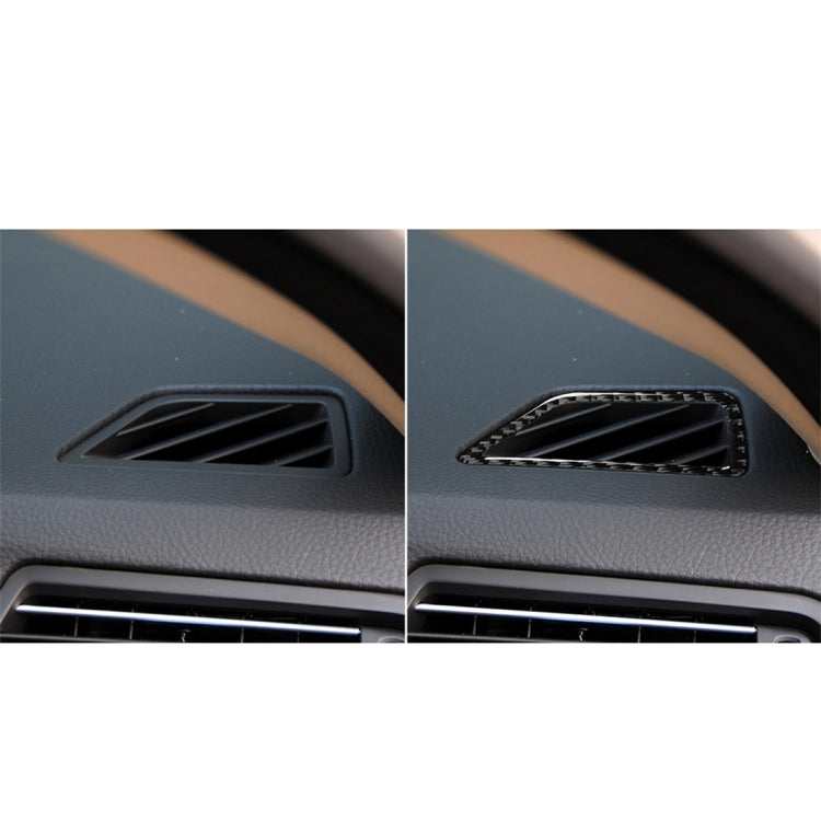 Carbon fiber-look air outlet trim overlay shown on car dashboard (before/after)