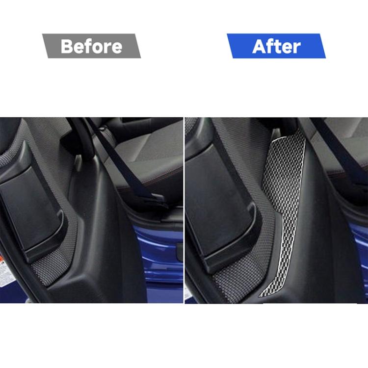 Two carbon fiber rear armrest trim stickers shown before/after installation