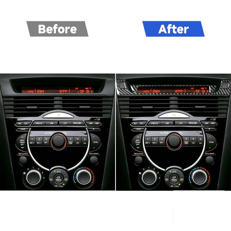 Dashboard radio with carbon fiber display bezel stickers installed above the screen