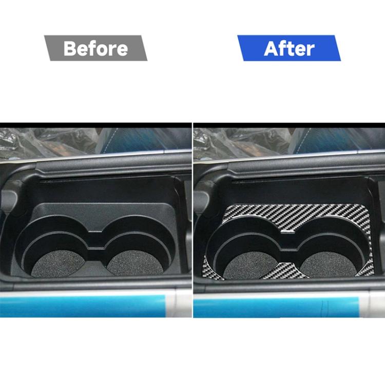 Before-and-after view of carbon fiber cup holder trim sticker with two circular cutouts