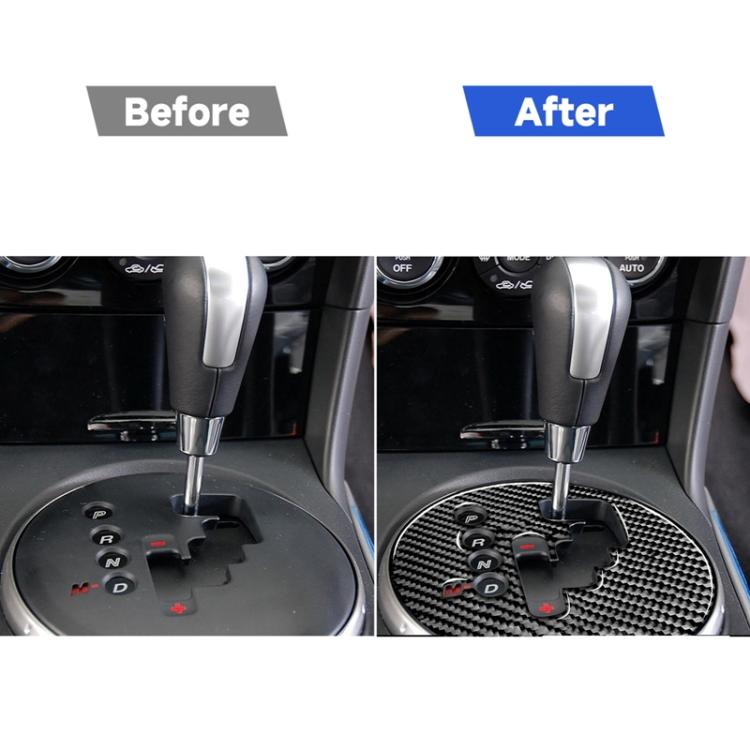 Before-and-after view of carbon fiber gear panel sticker on shifter area