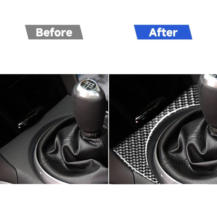 Before-and-after: carbon fiber gear console upper sticker applied around gear boot