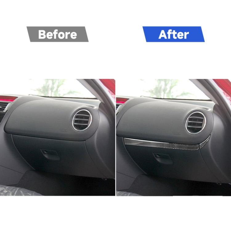 Carbon fiber storage trim sticker before-and-after on passenger-side panel