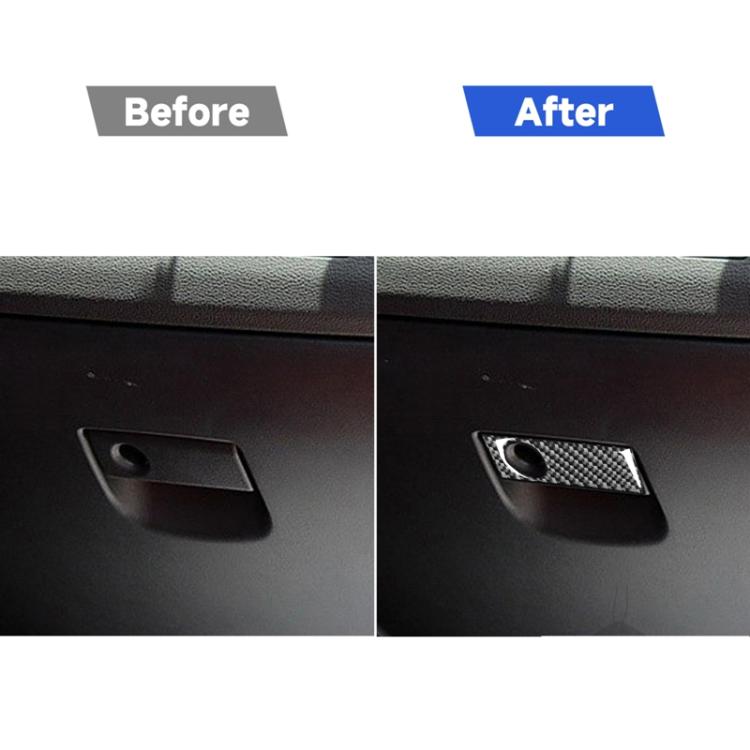Carbon fiber glove box handle trim sticker shown installed on dashboard panel
