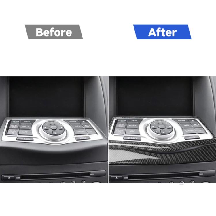 Before-and-after view of carbon fiber dashboard trim on navigation button panel