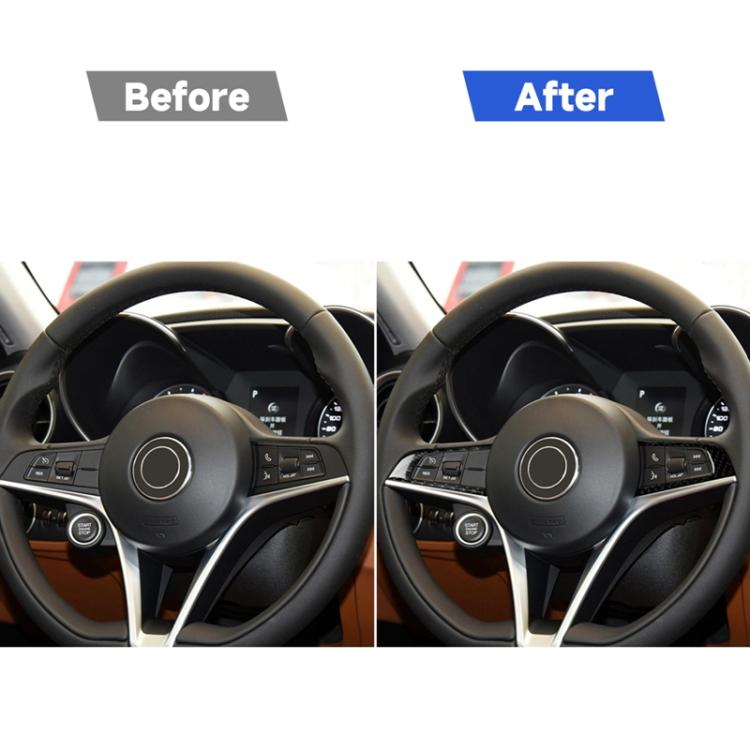 Steering wheel button trim before-and-after comparison on the wheel