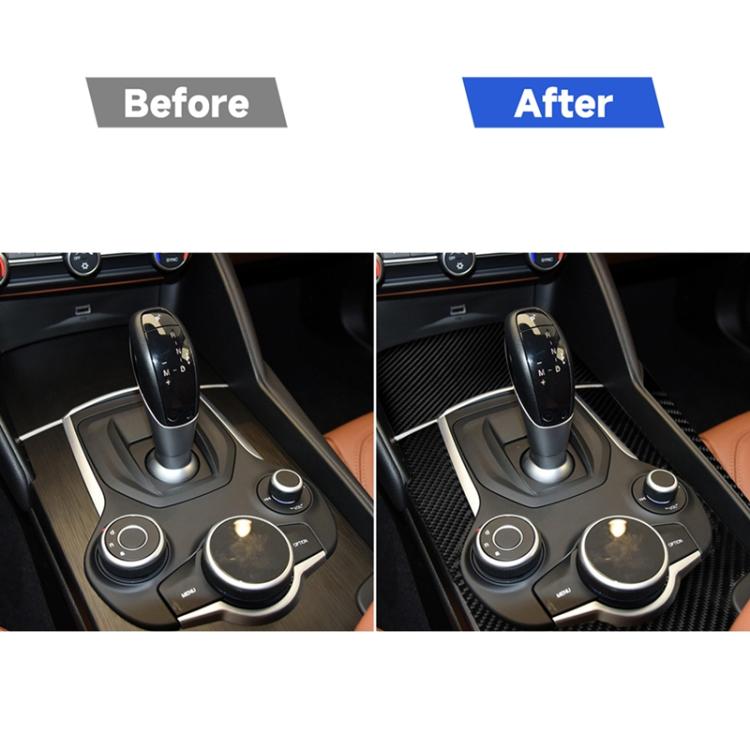Before-and-after: carbon fiber gear frame trim sticker applied to console