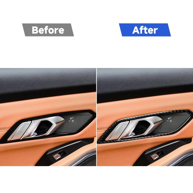 Before-and-after view of carbon fiber door handle trim stickers on car door panel