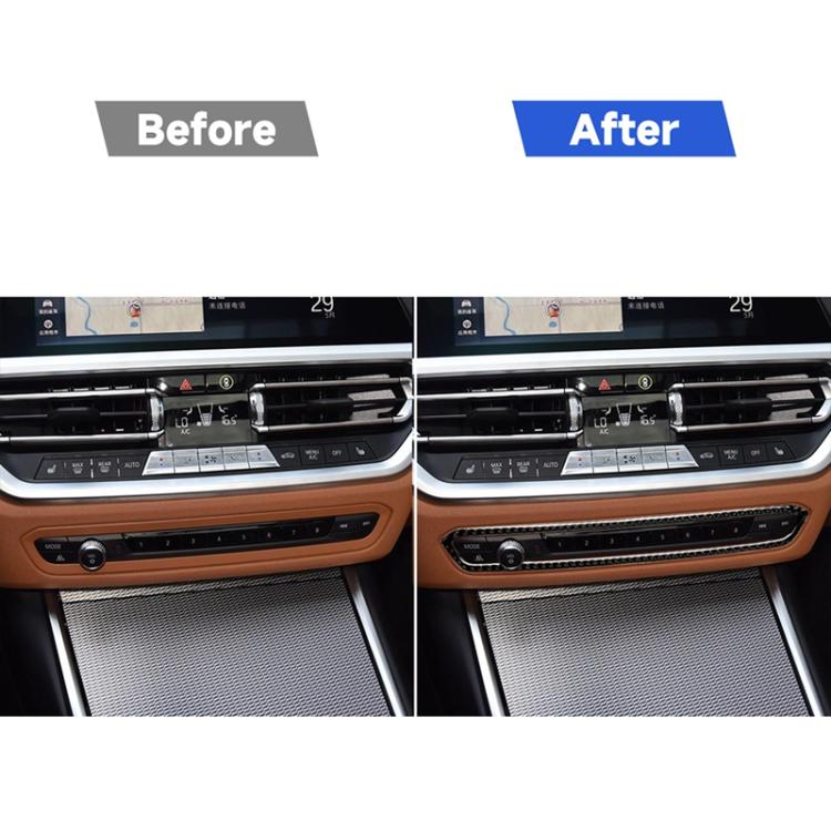 Carbon fiber-look CD button frame trim installed on center dash, before/after