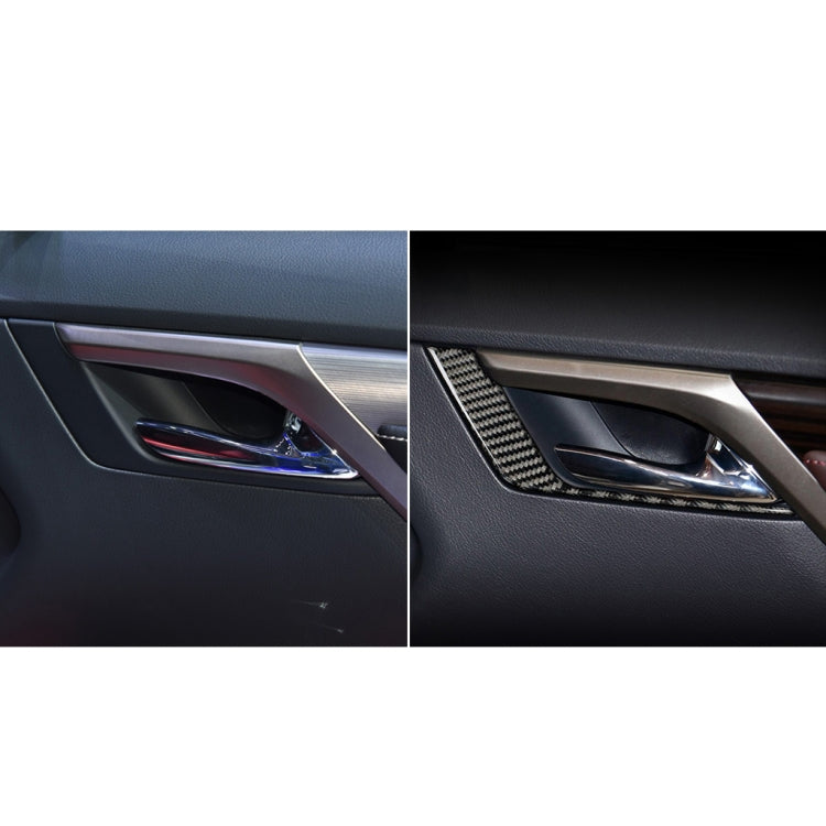 Carbon fiber front door handle accent sticker installed, black weave texture
