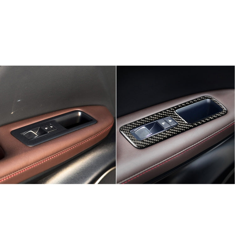 Applied carbon fiber window lift switch sticker on car door panel