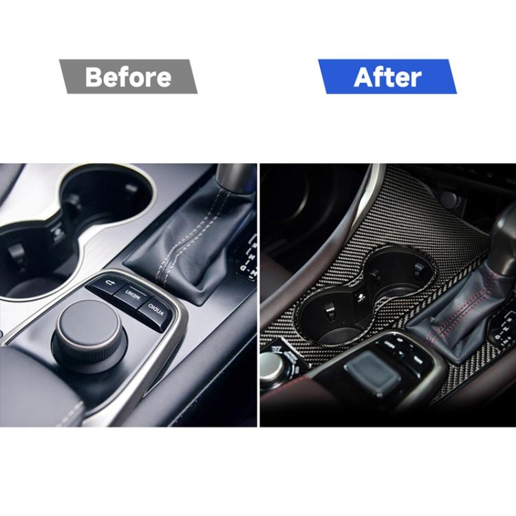 Carbon fiber look gear panel trim sticker installed on center console, after view