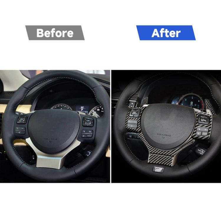 Steering wheel button trim accents in carbon fiber, before-and-after view