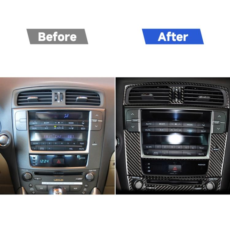 Installed carbon fiber navigation panel sticker on car center console, front view