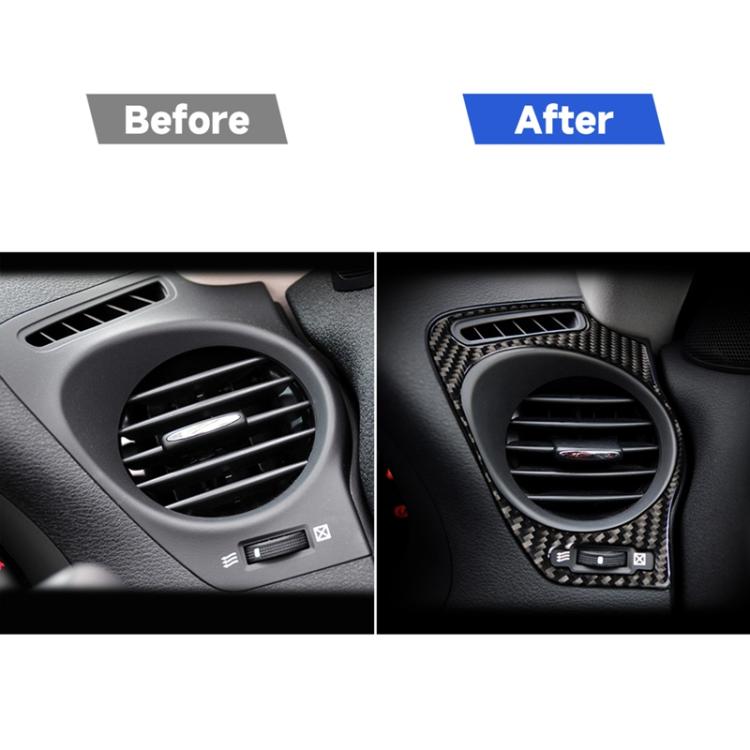 Dashboard air vent before-and-after comparison, plain vent vs carbon fiber surround