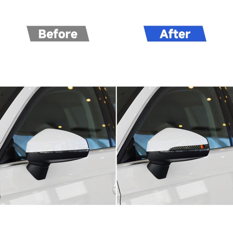 Rearview mirror cap with installed black carbon fiber anti-collision strip and red/yellow stripe