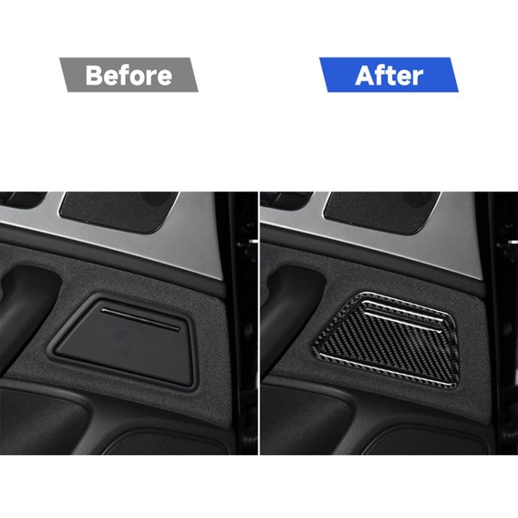 Before-and-after view of carbon fiber ashtray panel sticker in car console