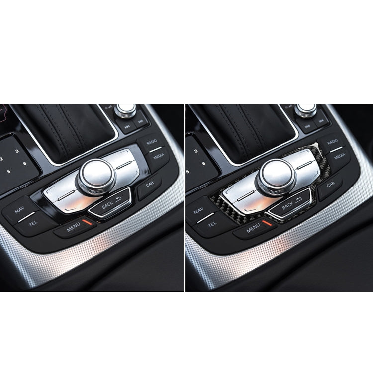 Before-and-after: carbon-fiber multimedia panel trim sticker on car console controls